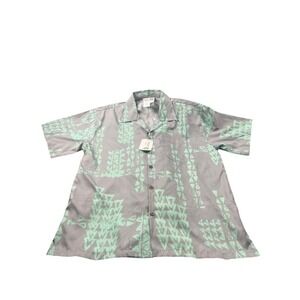 Makani Hawaii Men's Gray Mint Geometric Print Short Sleeve Button Up Shirt Siz L